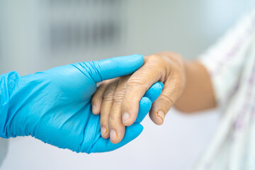 Doctor holding touching hands Asian senior or elderly old lady woman patient with love, care,...