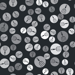Grey Garden pitchfork icon isolated seamless pattern on black background. Garden fork sign. Tool for horticulture, agriculture, farming. Vector
