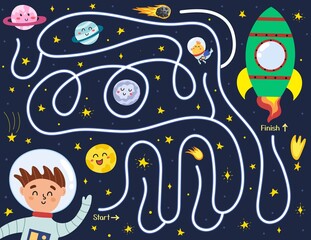 Help cute boy astronaut find a way to the rocket. Space maze puzzle for kids. Activity page with funny space character.  Mini game for school and preschool. Vector illustration