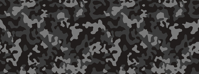 Camouflage pattern background, seamless vector illustration. Classic clothing style masking dark camo, repeat print.  Black texture - obrazy, fototapety, plakaty