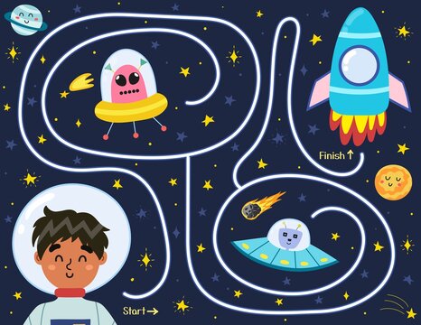 Help cute boy astronaut find a way to the rocket. Space maze puzzle for kids. Activity page with funny space character.  Mini game for school and preschool. Vector illustration
