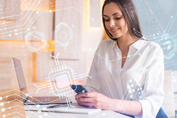 Attractive businesswoman in white shirt using smart phone to optimize development by implying new...