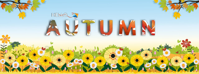Autumn background banner,Cute Autumnal landscape of Sunflower field and butterfly  with blue sky background,Vector backdrop beautiful fall season natural flowers field in orange and yellow foliage.