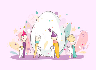 Cartoon people painting Easter eggs