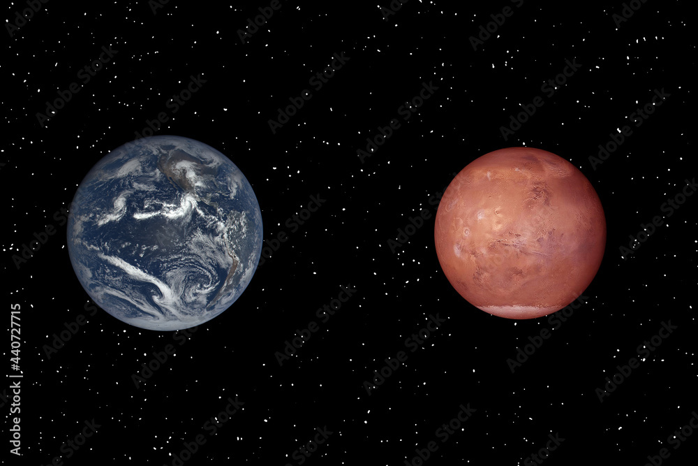 Sticker mars and earth. distance between them. space for text. the elements of this image furnished by nasa.