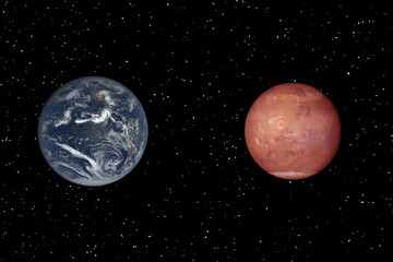 Mars and earth. Distance between them. Space for text. The elements of this image furnished by NASA.