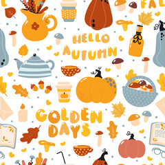 Seamless autumn pattern with pumpkins, leaves and lettering. Cute vector pattern