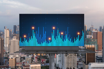 Glowing FOREX graph hologram on billboard, aerial panoramic cityscape of Kuala Lumpur at sunset....