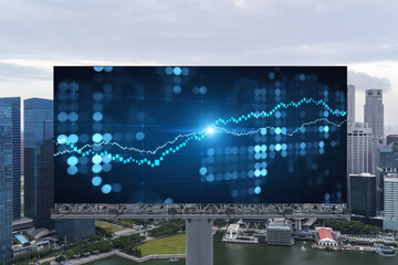 Forex and stock market chart hologram on road billboard over panorama city view of Singapore. The financial center in Southeast Asia. The concept of international trading.