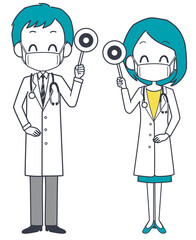 正解の札を持つマスクを着けた男女の医師