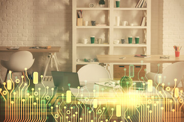 Multi exposure of data theme drawing and office interior background. Concept of technology.