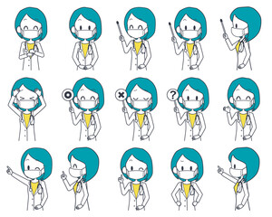 マスクを着けた女性の医師の表情セット