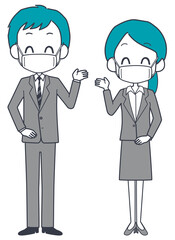マスクを着けたスーツ姿の男女