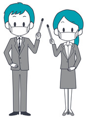 マスクを着けてポインターを持つスーツ姿の男女