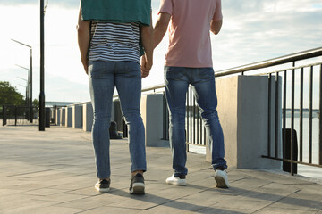 Gay couple walking outdoors on sunny day, back view