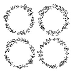 Set of black doodle round frames, vignettes for bullet journal, notebook, diary, and planner isolated on white background. Hand-drawn wreaths with space for your text 