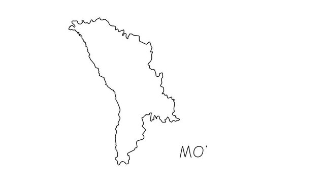 Moldova map animation line. Black line animation letters drawing on a white background.