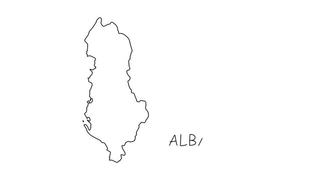 Albania map animation line. Black line animation letters drawing on a white background.