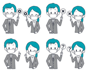 マスクを着けたスーツ姿の男女の表情セット