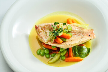 Fried Sea bass fillet with stewed vegetables and orange sauce in a white plate. Isolated on grey background.