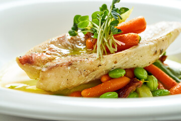 Fried Sea bass fillet with stewed vegetables and orange sauce in a white plate. Isolated on grey background.