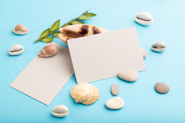 Composition with gray paper business cards, seashells, green boxwood. mockup on blue pastel background. side view, copy space.