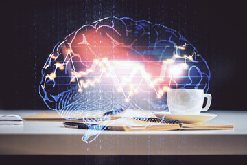 Double exposure of brain drawing and desktop with coffee and items on table background. Concept of...