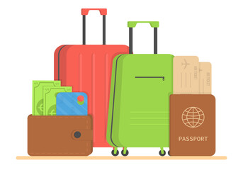 Travel bags packed for summer vacation on the seaside, vector illustration. Various baggage suitcases ready for departure.