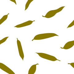 Seamless pattern with tea leaves in green on a white background. Design of surfaces, fabrics, paper, wallpaper. Vector illustration. 