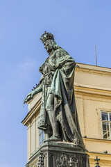 Fototapeta premium Historical statue (1848) of Charles IV (Karel IV) near Charles Bridge. Charles IV - Holy Roman Emperor, was the second king of Bohemia. Prague, Czech Republic.