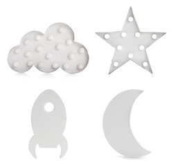 Set with different cute child's night lamps on white background