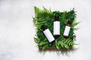 Set of beauty products in gift box with moss and fern. Natural, organic cosmetics. White stone...