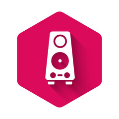 White Stereo speaker icon isolated with long shadow. Sound system speakers. Music icon. Musical column speaker bass equipment. Pink hexagon button. Vector