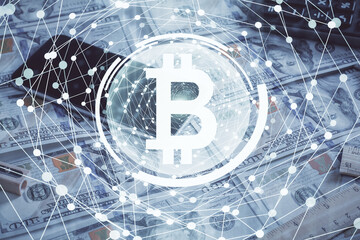 Multi exposure of crypto theme drawing over us dollars bill background. Concept of blockchain success.