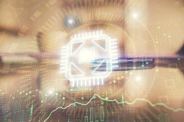 Double exposure of Ai data theme drawing over coffee cup background in office.