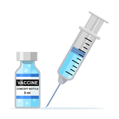 Vaccine Bottle and Syringe on white background. Vector illustration flat design.