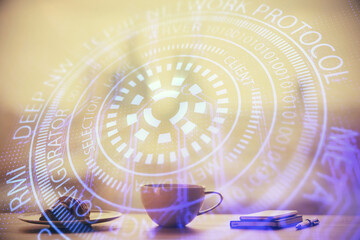 Double exposure of Ai data theme drawing over coffee cup background in office.