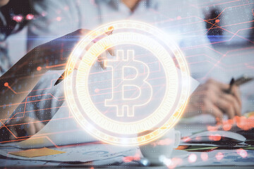 Double exposure of blockchain theme drawing over people taking notes background. Concept of...