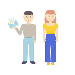 Married couple receiving medical invoice for treatment and health care expenses. Young man and woman with taxes payment, student debt receipt. Finance concept. Cartoon character vector illustration.