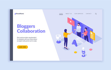 Online webinars and collaboration with bloggers. Woman asks questions web communication to business professionals. Digital learning with media broadcasts. Vector landing page isometric template