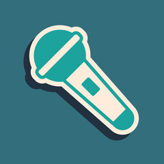 Green Microphone icon isolated on green background. On air radio mic microphone. Speaker sign. Long shadow style. Vector