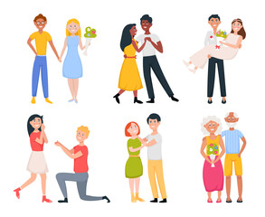 Fototapeta premium Set of cute romantic couples in love. Happy people hug each other, holding hands, dancing. Proposing, newlyweds, old couple. Isolated flat illustration