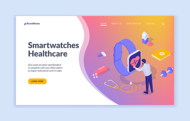 Smart watch with health monitoring. Digital monitoring cardiac load. Man analyzes his pulse on screen gadget. Wireless wrist sensor with heart rate interface. Vector isometric home page template