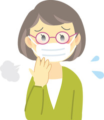 イラスト素材:年配の女性が感染症対策でマスクを着用するが息苦しく眼鏡も曇り困っている姿

