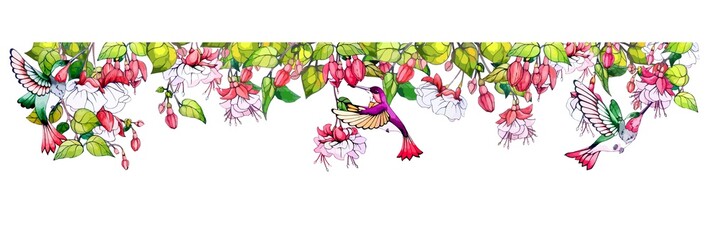 Divider with fuchsia flowers and hummingbird bird. Decorative frame from tropical design. Ornament of blossom plants and leaves. Floral horizontal border or pattern isolated. Vector stock illustration © VD_ele