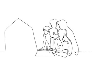 company of teen before the slot machine piled over the player - one line drawing. crowd of young men is watching the game of their friend in front of the slot machine in the entertainment center