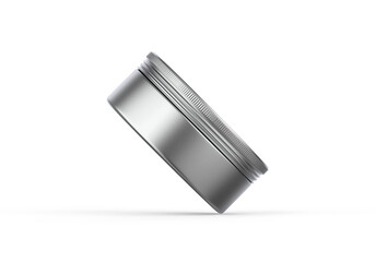 Metallic cosmetic jar mockup, blank aluminium round tin box on isolated white background, 3d illustration