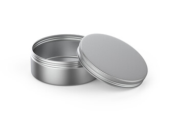 Metallic cosmetic jar mockup, blank aluminium round tin box on isolated white background, 3d illustration
