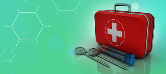 3d rendering First aid kit with Syringe 