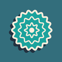 Green Bicycle cassette mountain bike icon isolated on green background. Rear Bicycle Sprocket. Chainring crankset with chain. Long shadow style. Vector